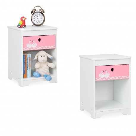 2xPiccoli Comodini per la Cameretta per Bambini con Cassetto 41 x 32 x 31 cm cigni innamorati rosa -pink